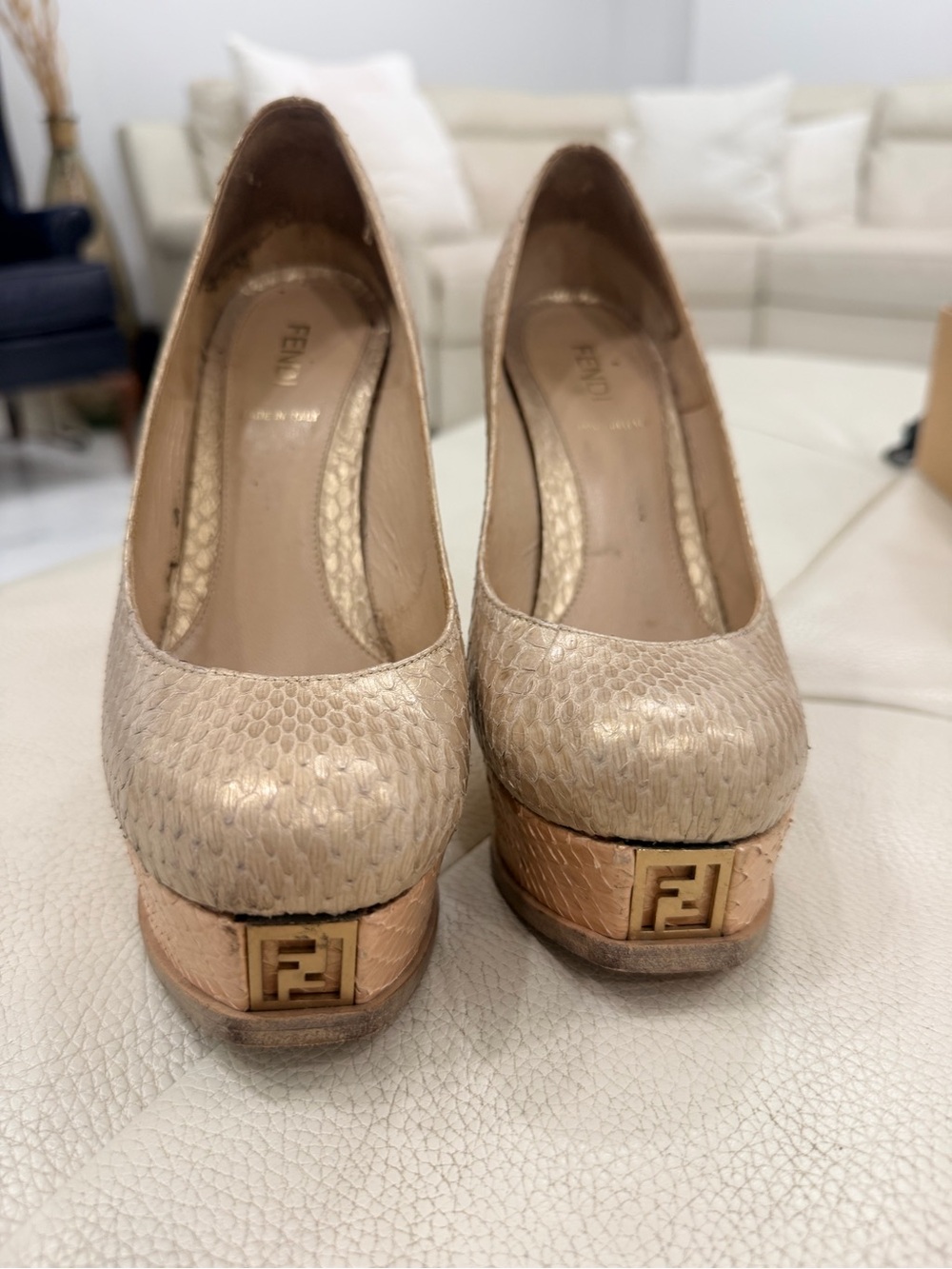 Fendi Nude Snakeskin Platform Pumps with Gold FF Accent